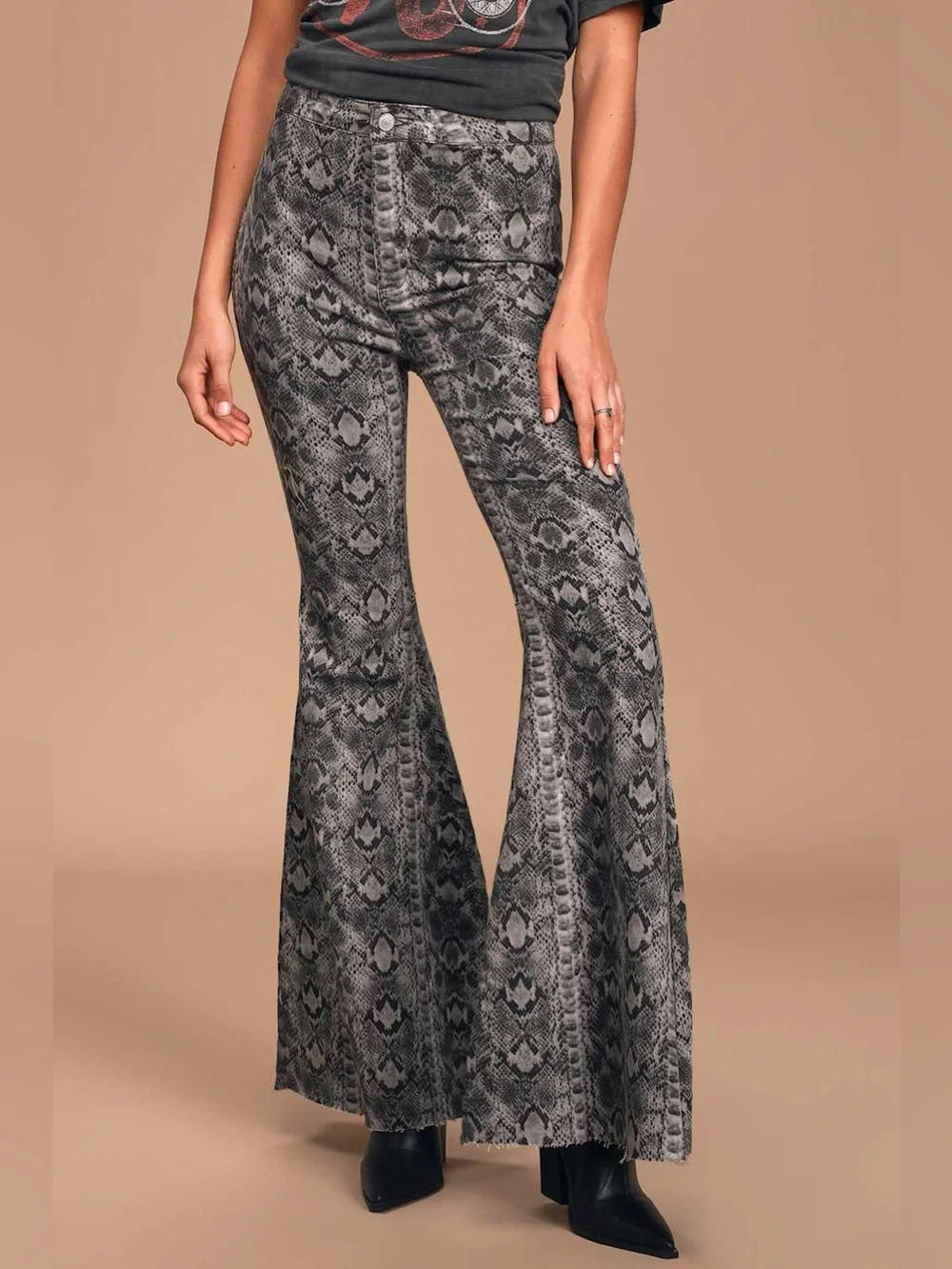 We The Free Free People Just Float On Snake Print Flare Bell Bottom Jeans